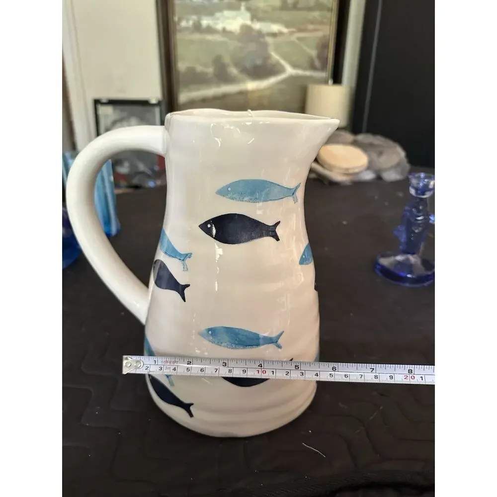 New White Pitcher Cobalt & Aqua Blue Sardine Fish Motif Handmade In Portugal 9”